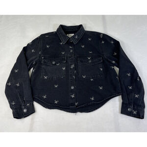 Stoosh Vintage Denim Jacket Large Black Cropped Butterflies Snap Closure Charity